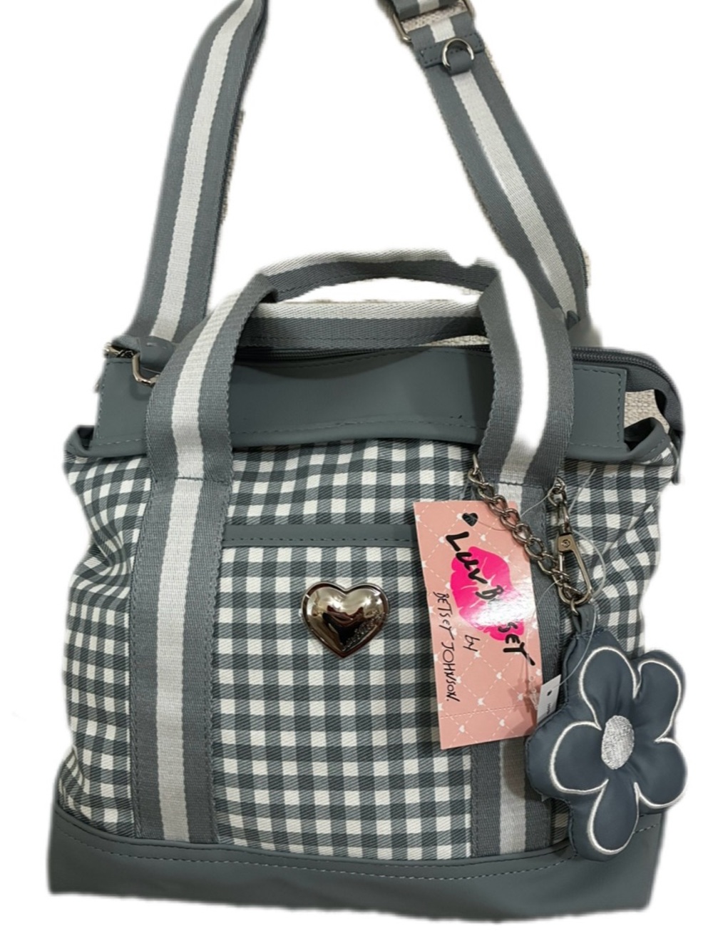 Betsey Johnson NWT Light Blue Gingham Tote with Flower Charm